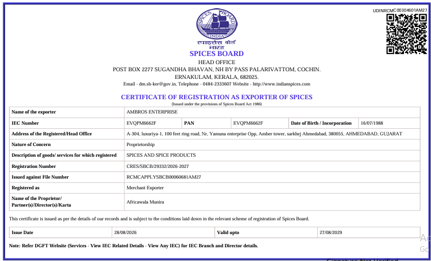 Spice Board Of India Registered